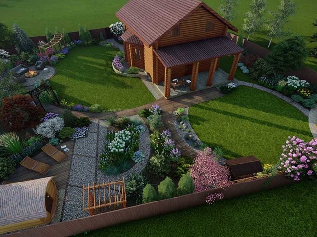 prosjekt av en sommerhytte med hus og blomsterbed