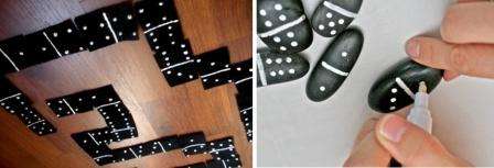 For å lage domino trenger du 28 chips. Du kan velge materialet til dem selv. Det er mest praktisk å bruke identiske småstein som bildet påføres i form av prikker.