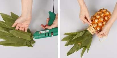Ota sitten vihreä paperi ja leikkaa siitä ananaslehtiä. On suositeltavaa taittaa paperi useisiin kerroksiin, jotta se ei repeydy.