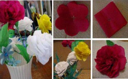 Nach dem gleichen Prinzip, aber aus Servietten einer anderen Farbe, können Sie einen Strauß aus Pfingstrosen oder Rosen herstellen.