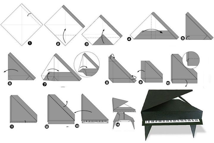 הרכבה שלב אחר שלב של פסנתר כנף אוריגמי