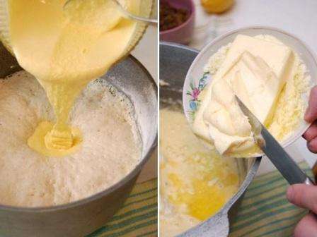 Poté přidejte zbývající mouku, rozinky a citronovou kůru a nastrouhané máslo.
