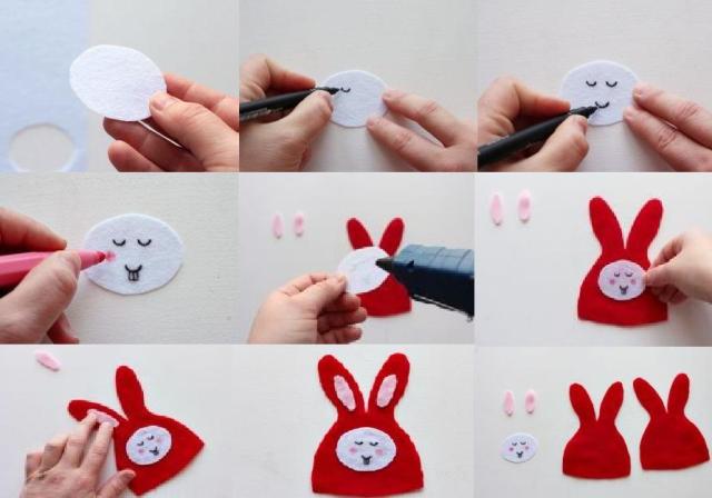 Auf das weiße Gesicht des Hasen zeichnen Sie Augen, Mund und Wangen mit einem Marker oder Acrylfarben.