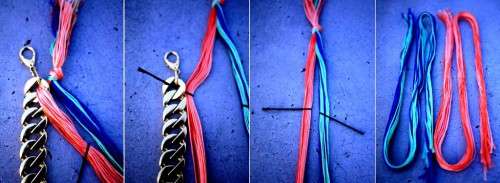 Vi deler trådene med tanntråd i forskjellige farger i to deler med samme antall tråder