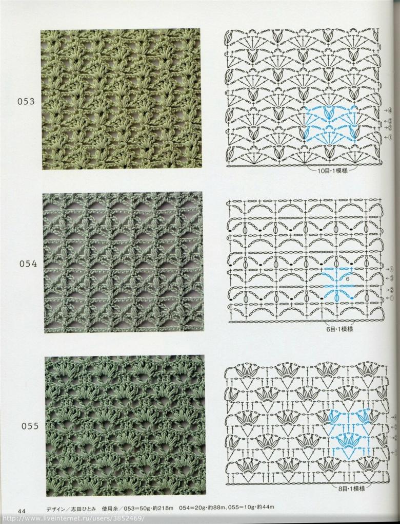 Dichte Häkel- oder Strickmuster mit Diagrammen und Beschreibungen