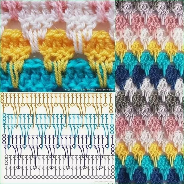 Dichte Häkel- oder Strickmuster mit Diagrammen und Beschreibungen