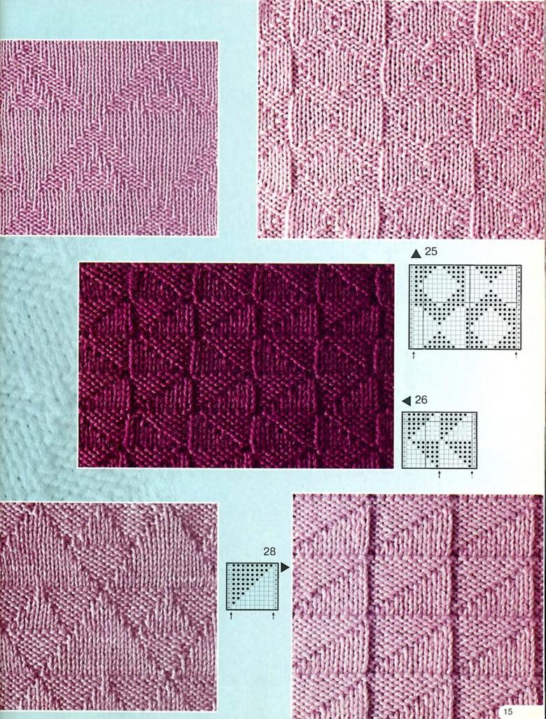 Dichte Häkel- oder Strickmuster mit Diagrammen und Beschreibungen