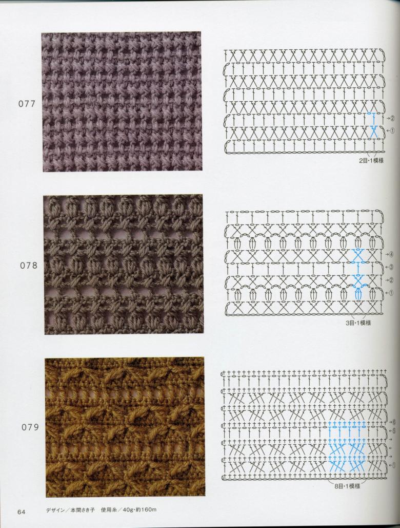 Dichte Häkel- oder Strickmuster mit Diagrammen und Beschreibungen