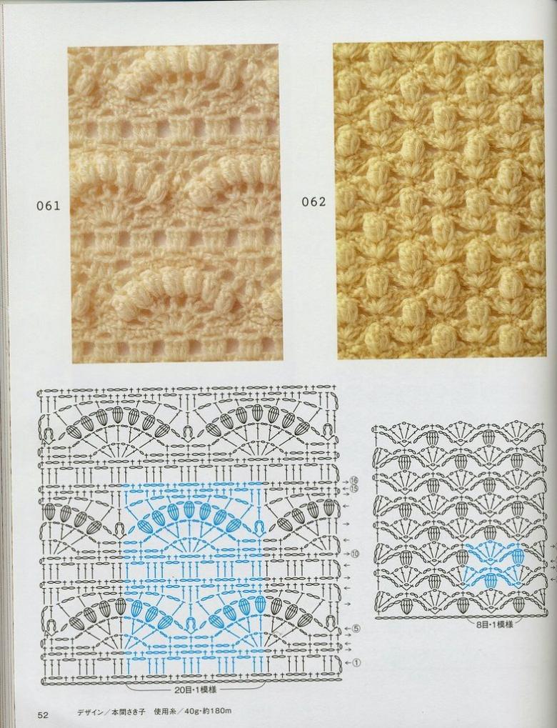 Dichte Häkel- oder Strickmuster mit Diagrammen und Beschreibungen