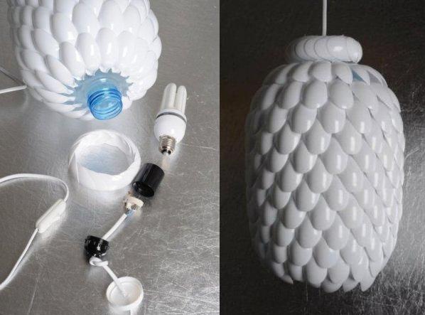 håndverk - lysekrone med plastskjeer og flasker