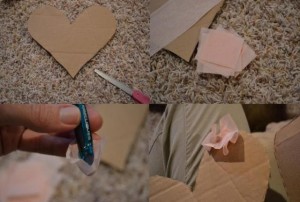 Vi kutter ut to hjerter fra tykk papp og limer dem sammen slik at produktet blir tett og beholder formen godt.