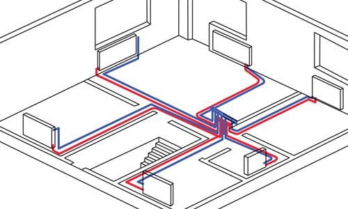 Dvoutrubkový topný systém vícepodlažního schématu budovy