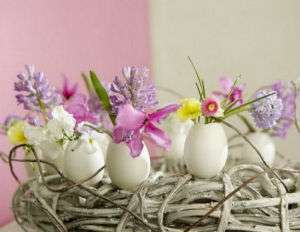 Eier können zu Miniaturvasen verarbeitet werden. Entfernen Sie dazu vorsichtig den Inhalt des Eies und waschen Sie es anschließend aus